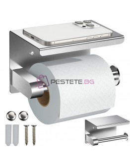 Метална поставка за тоалетна хартия с рафт за телефон за баня